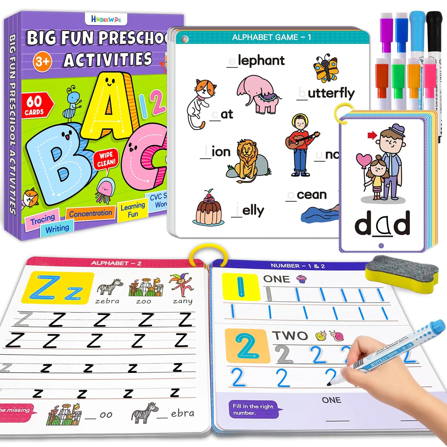 HOQEEWIPE Reusable Tracing Workbook – Preschool Learning Activities for Ages 3–6